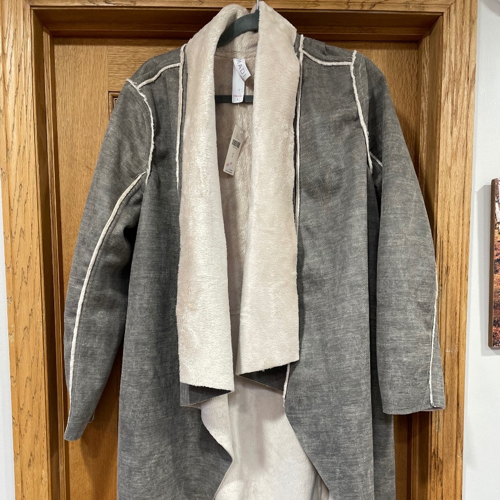 Faux shearling cardigan jacket. NWT.  Greenish grey. Amadi, from Anthropologie